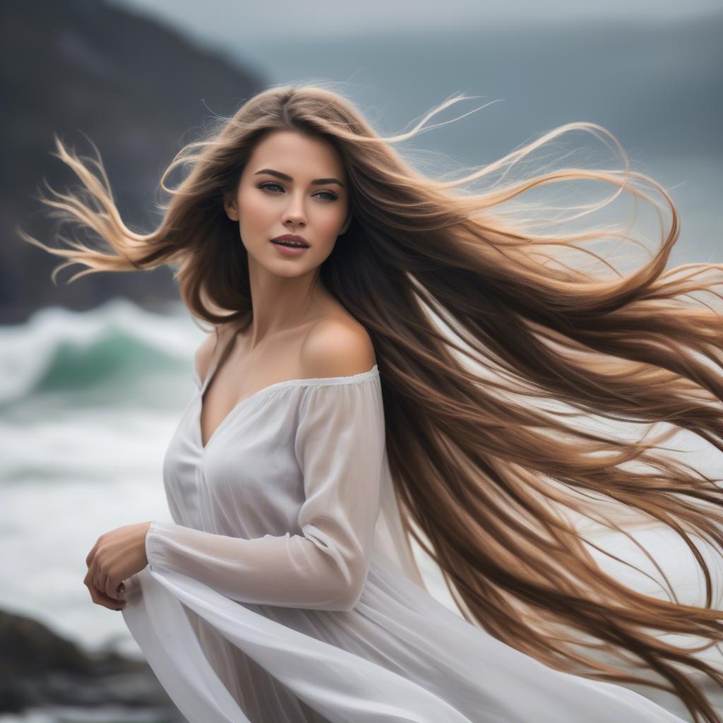 A stunning image of beautiful woman with long hair flowing in the wind.