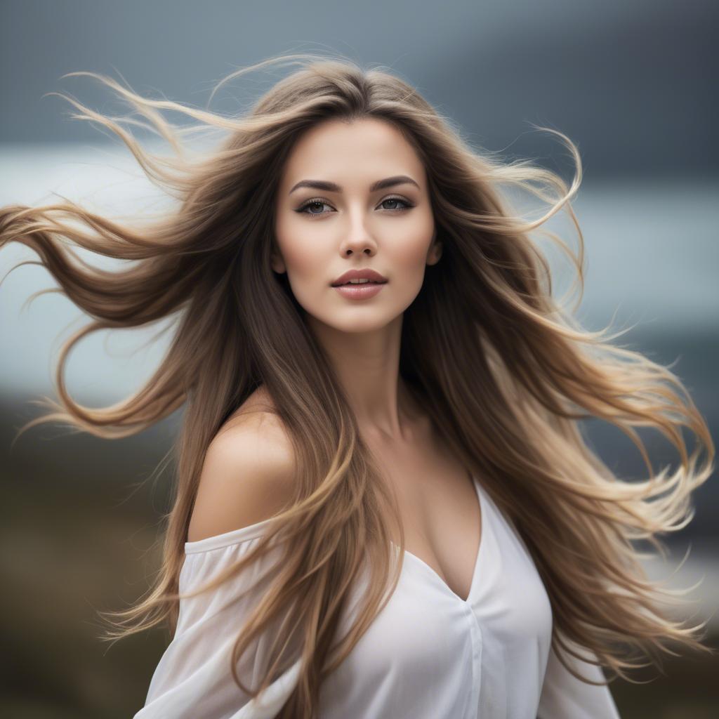 A stunning image of beautiful woman with long hair flowing in the wind.