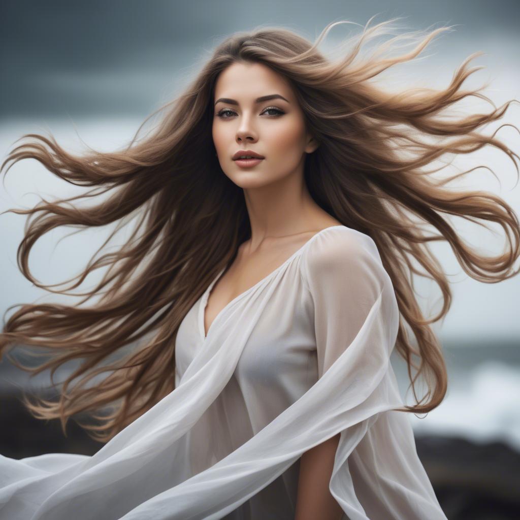 A stunning image of beautiful woman with long hair flowing in the wind.