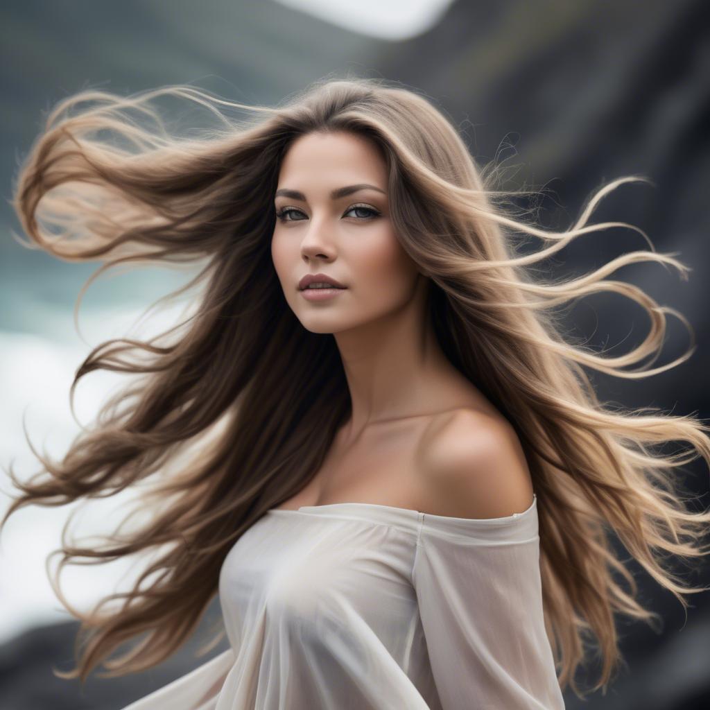A stunning image of beautiful woman with long hair flowing in the wind.