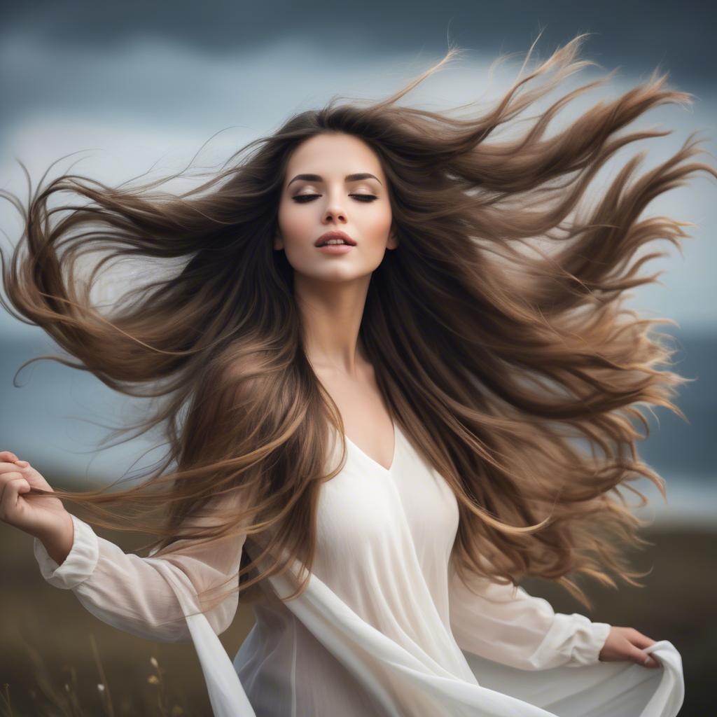 A stunning image of beautiful woman with long hair flowing in the wind.