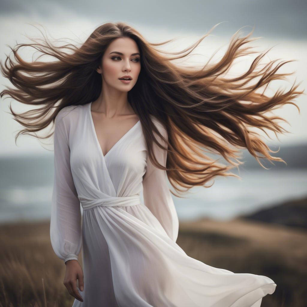 A stunning image of beautiful woman with long hair flowing in the wind.