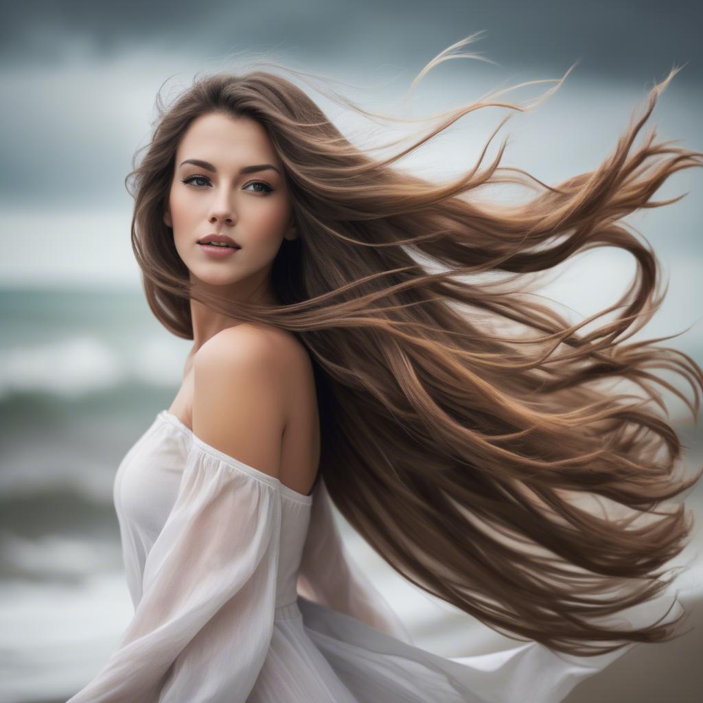A stunning image of beautiful woman with long hair flowing in the wind.
