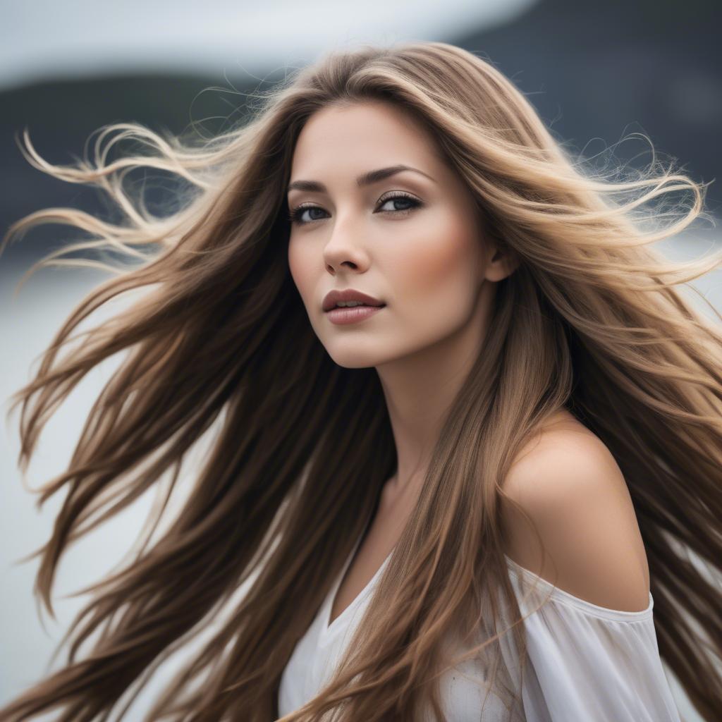 A stunning image of beautiful woman with long hair flowing in the wind.