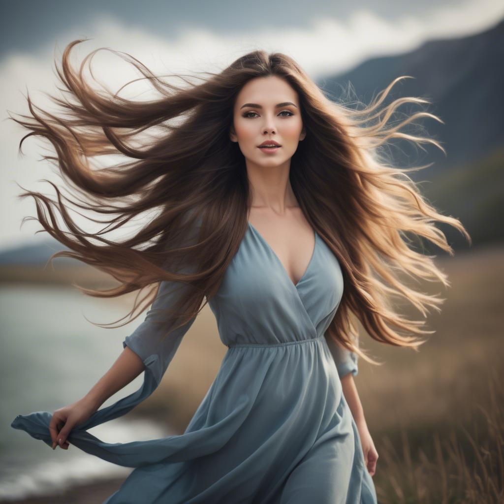 A stunning image of beautiful woman with long hair flowing in the wind.