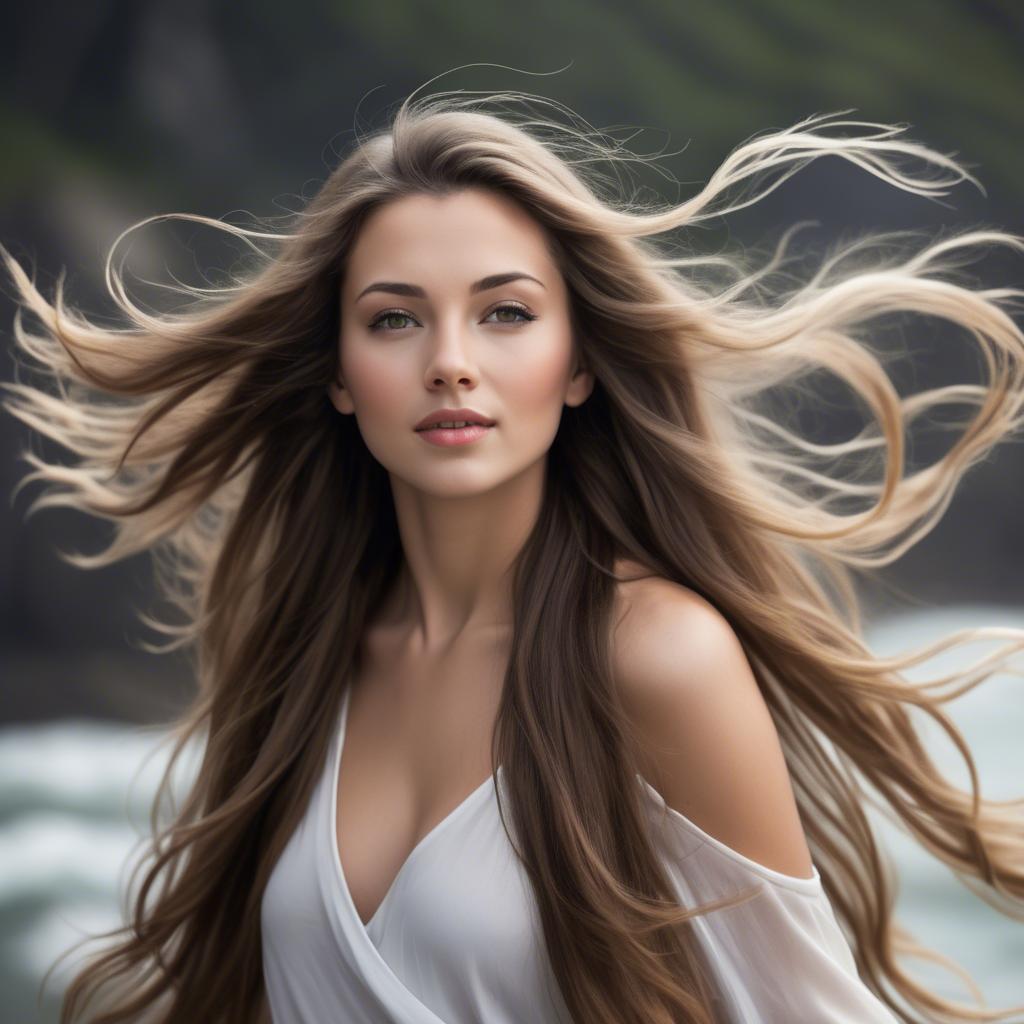 A stunning image of beautiful woman with long hair flowing in the wind.