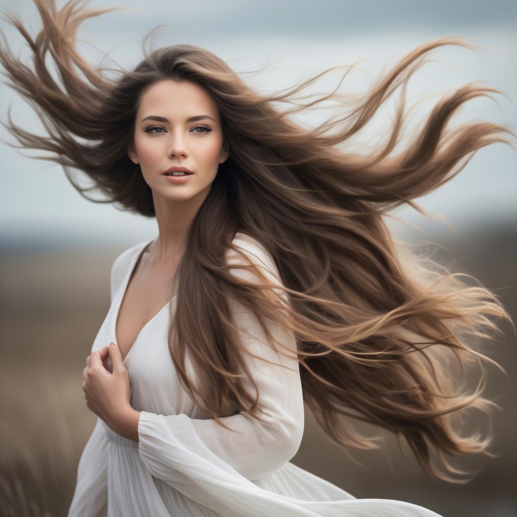 A stunning image of beautiful woman with long hair flowing in the wind.