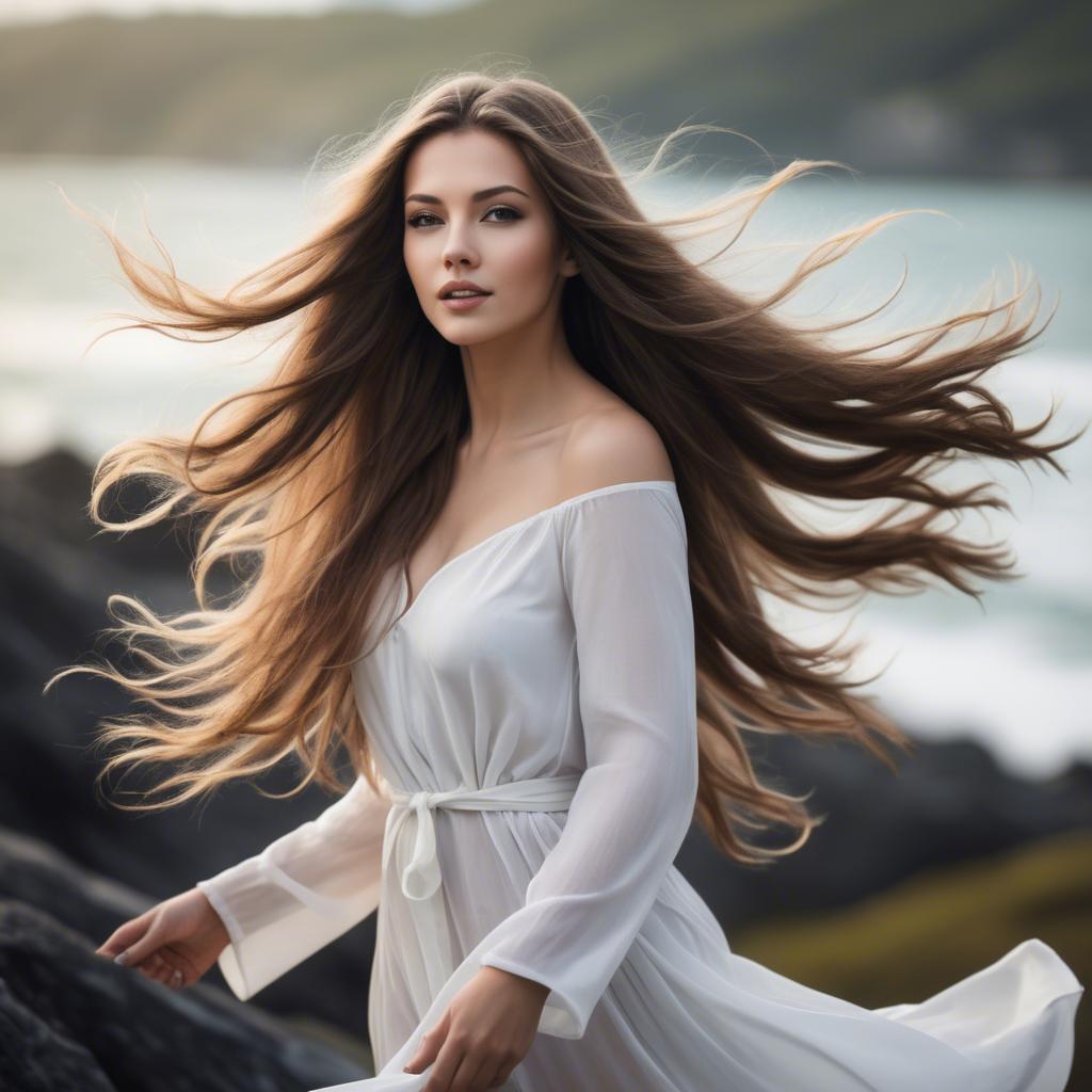 A stunning image of beautiful woman with long hair flowing in the wind.