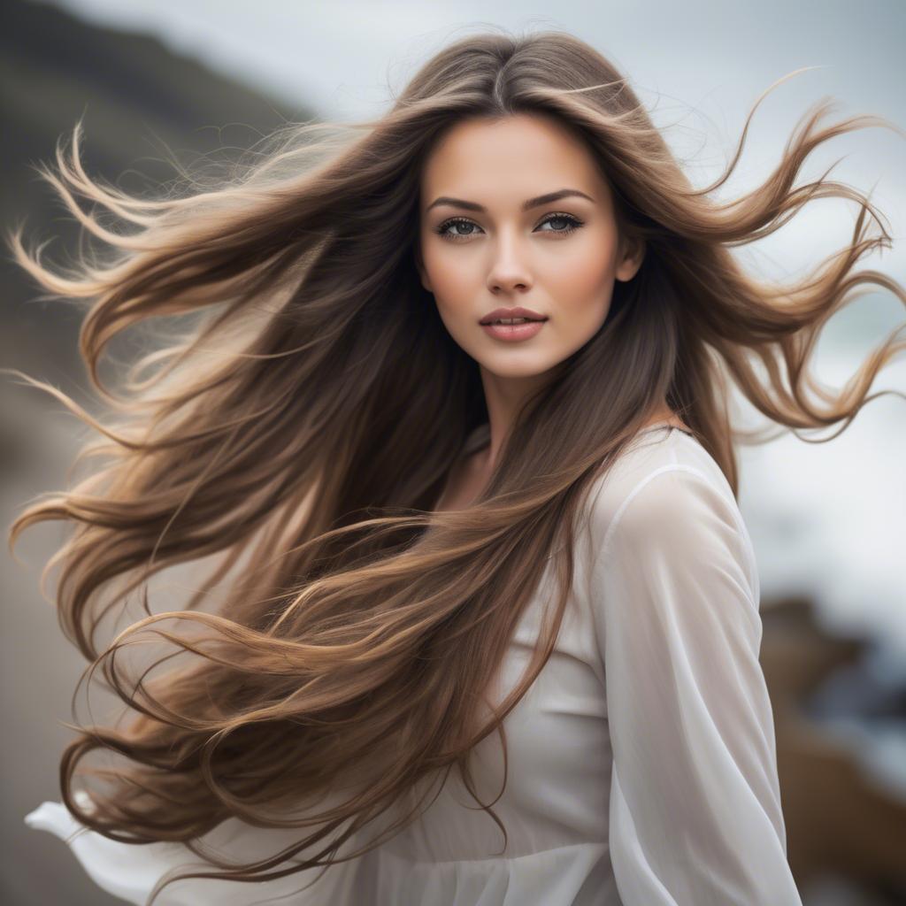 A stunning image of beautiful woman with long hair flowing in the wind.