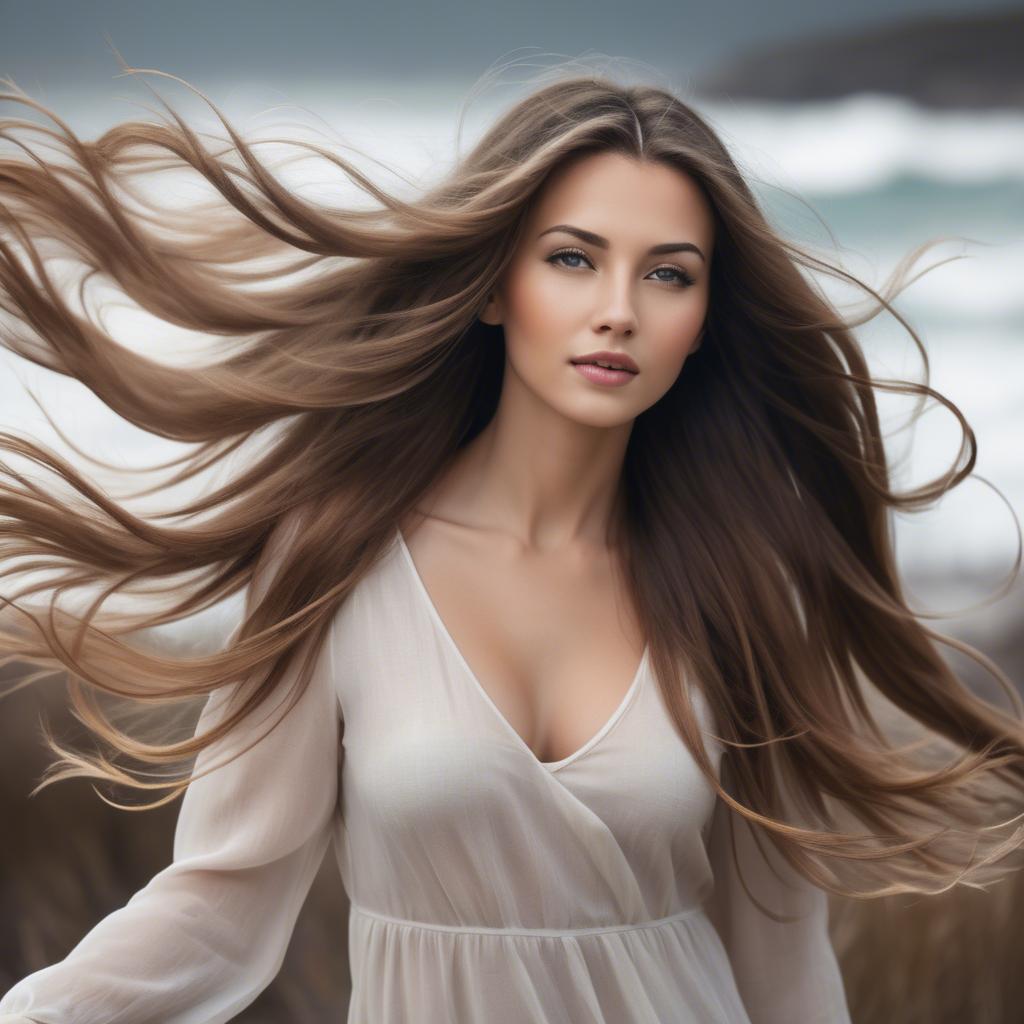 A stunning image of beautiful woman with long hair flowing in the wind.