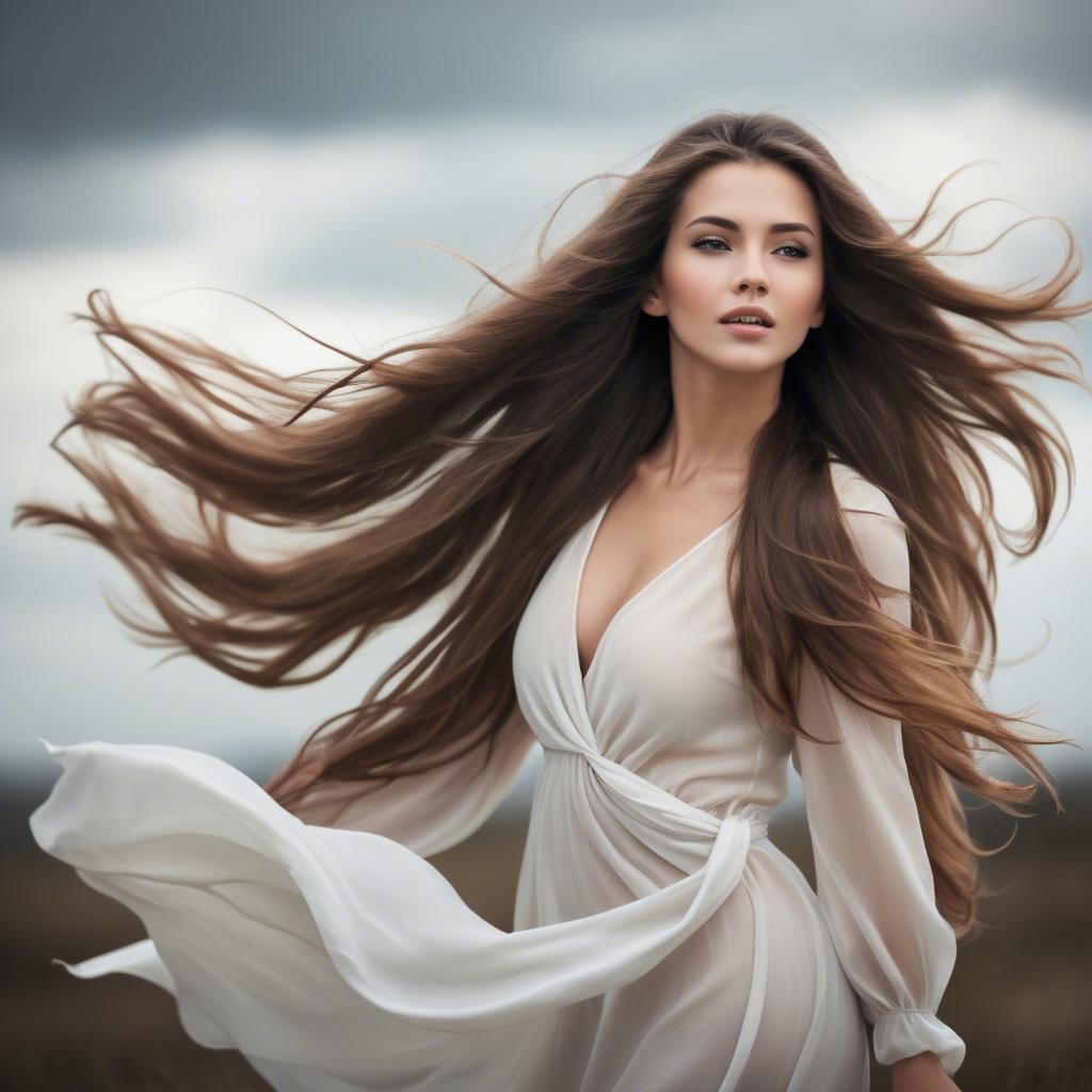 A stunning image of beautiful woman with long hair flowing in the wind.