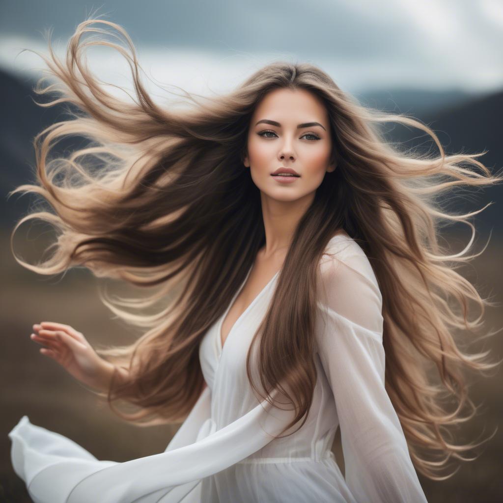 A stunning image of beautiful woman with long hair flowing in the wind.