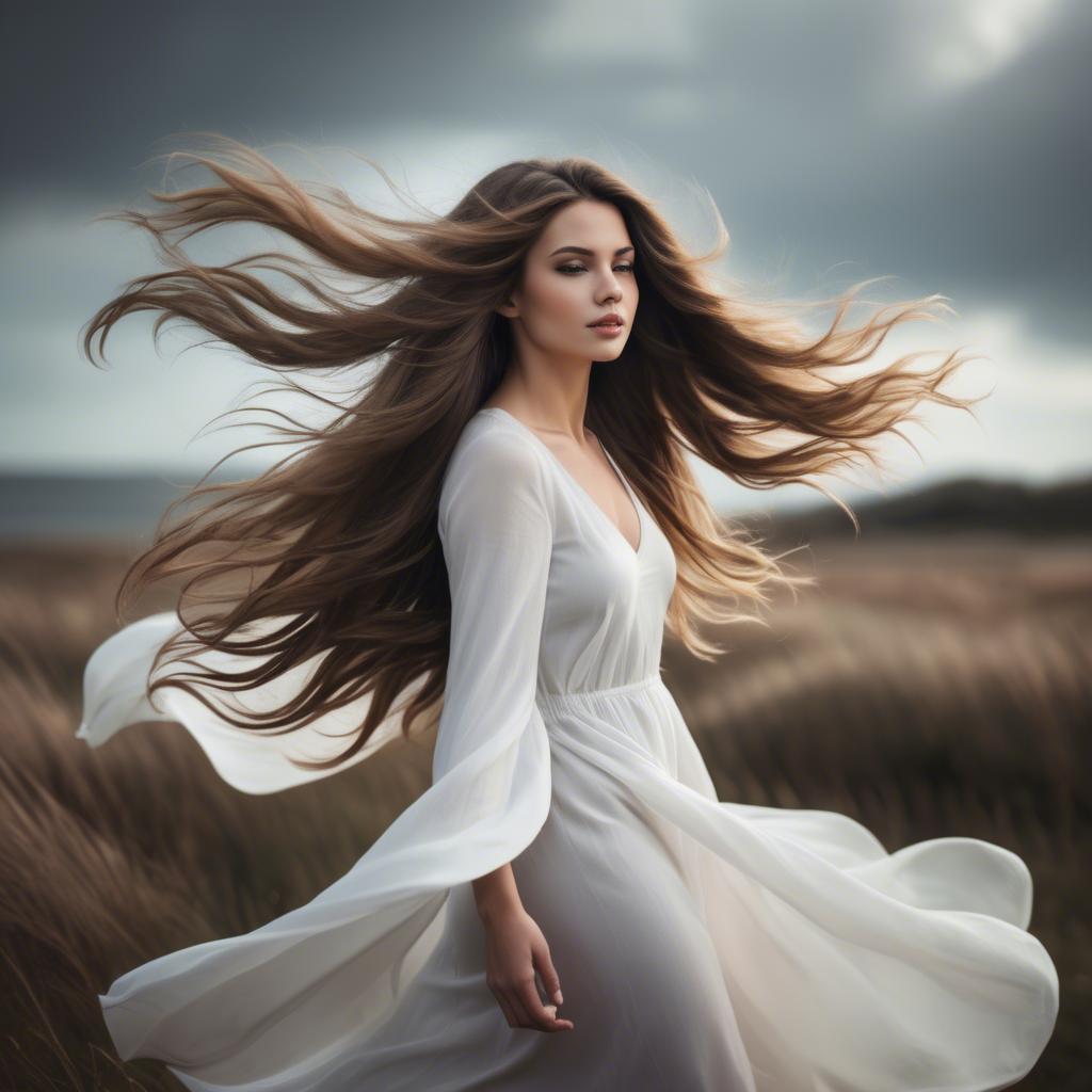 A stunning image of beautiful woman with long hair flowing in the wind.
