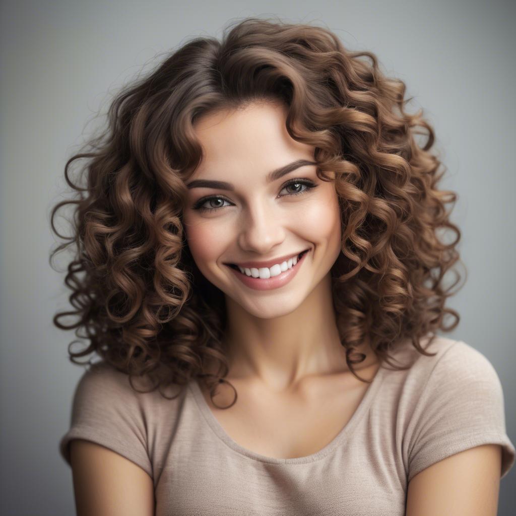 A stunning image of beautiful woman with soft curls and a shy smile.