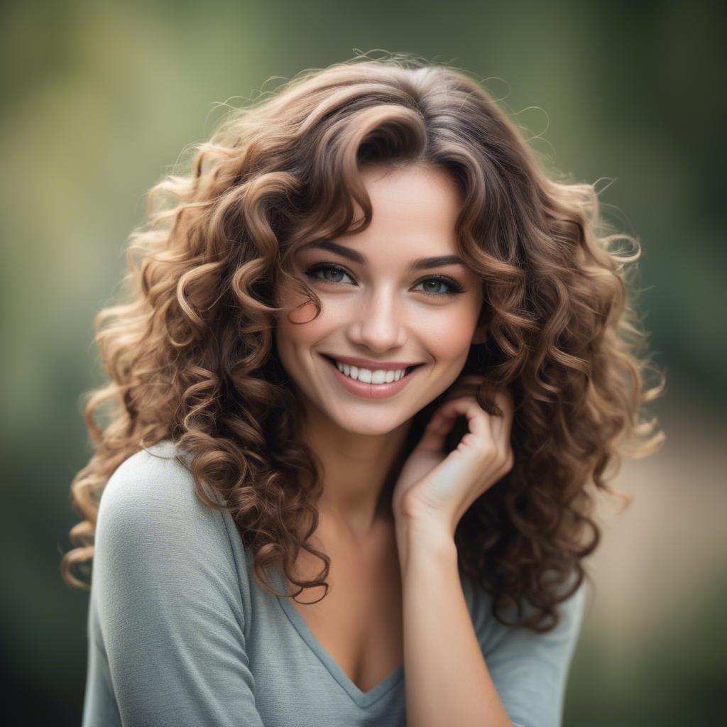 A stunning image of beautiful woman with soft curls and a shy smile.