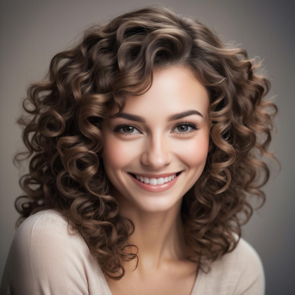 A stunning image of beautiful woman with soft curls and a shy smile.