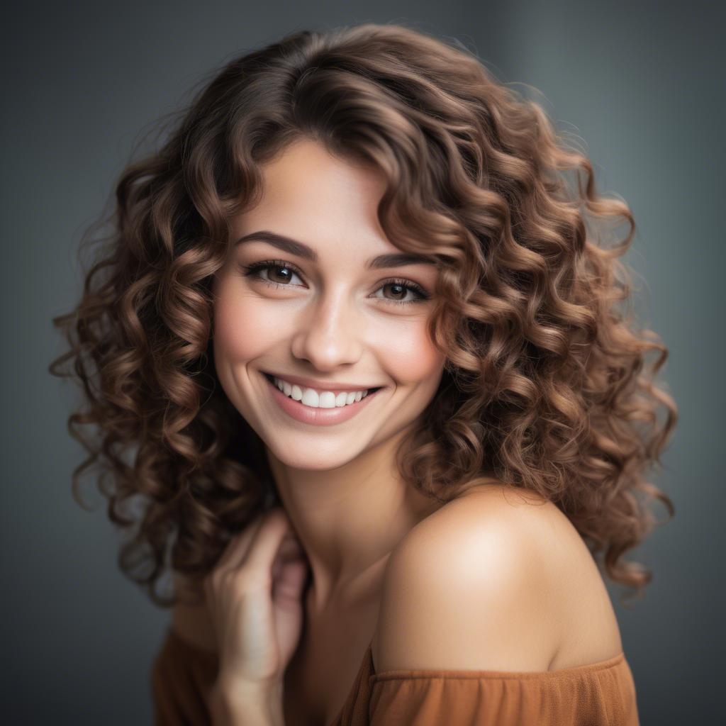 A stunning image of beautiful woman with soft curls and a shy smile.