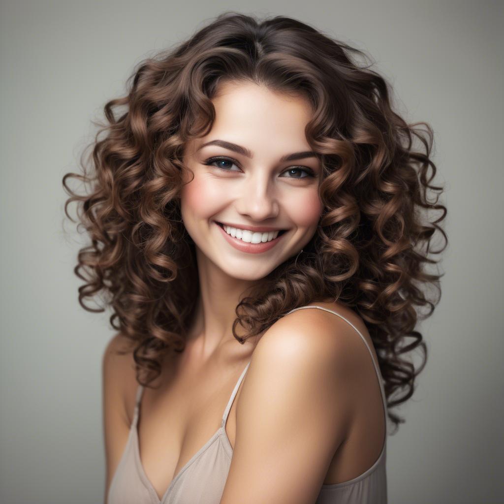 A stunning image of beautiful woman with soft curls and a shy smile.