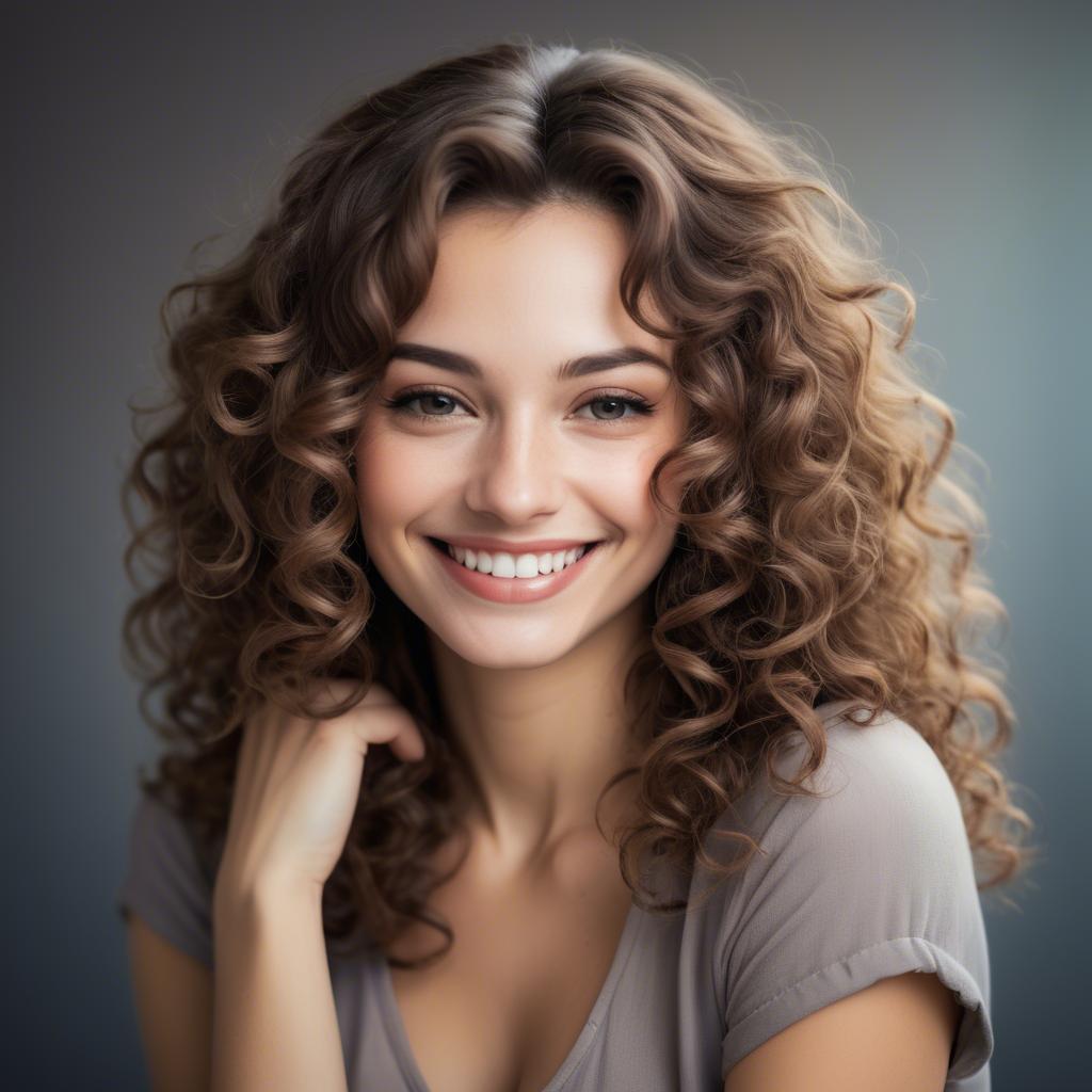 A stunning image of beautiful woman with soft curls and a shy smile.