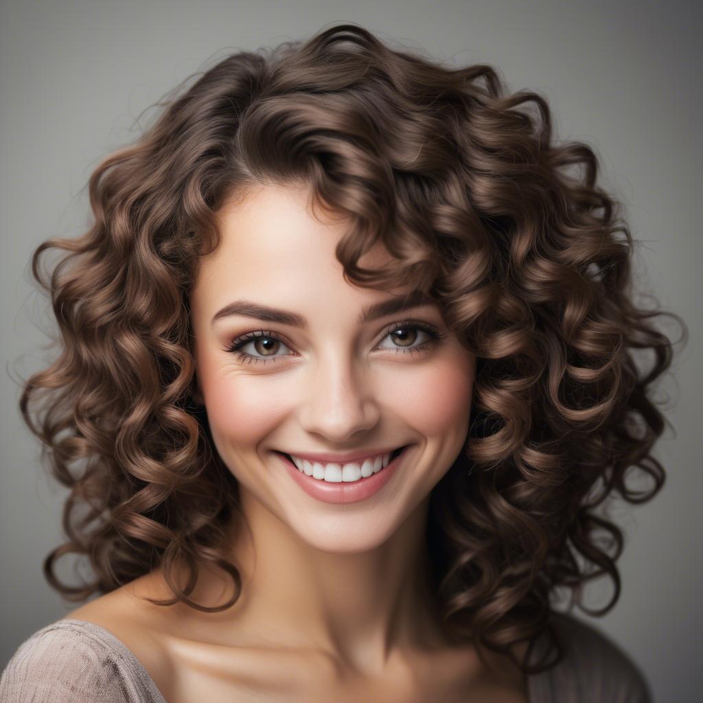 A stunning image of beautiful woman with soft curls and a shy smile.
