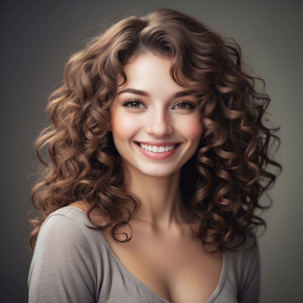 A stunning image of beautiful woman with soft curls and a shy smile.
