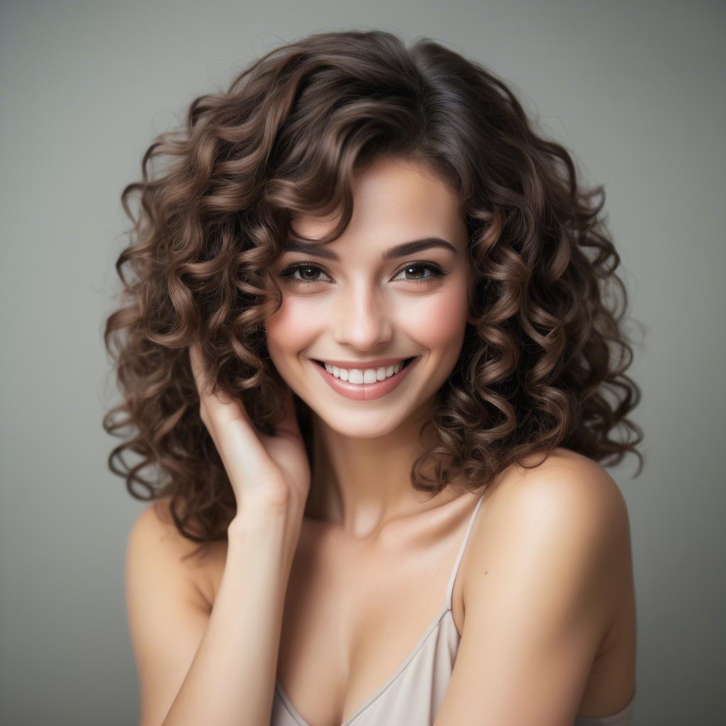 A stunning image of beautiful woman with soft curls and a shy smile.