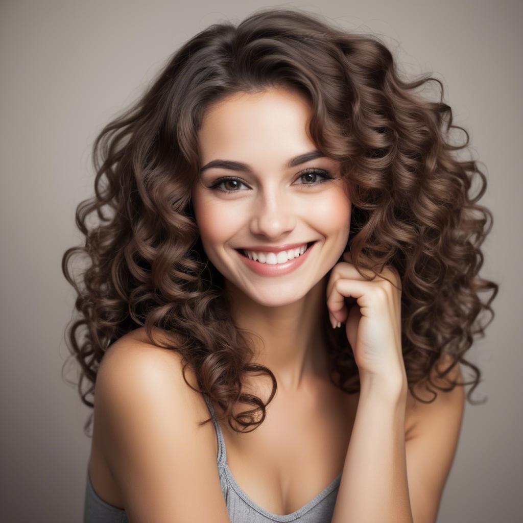 A stunning image of beautiful woman with soft curls and a shy smile.