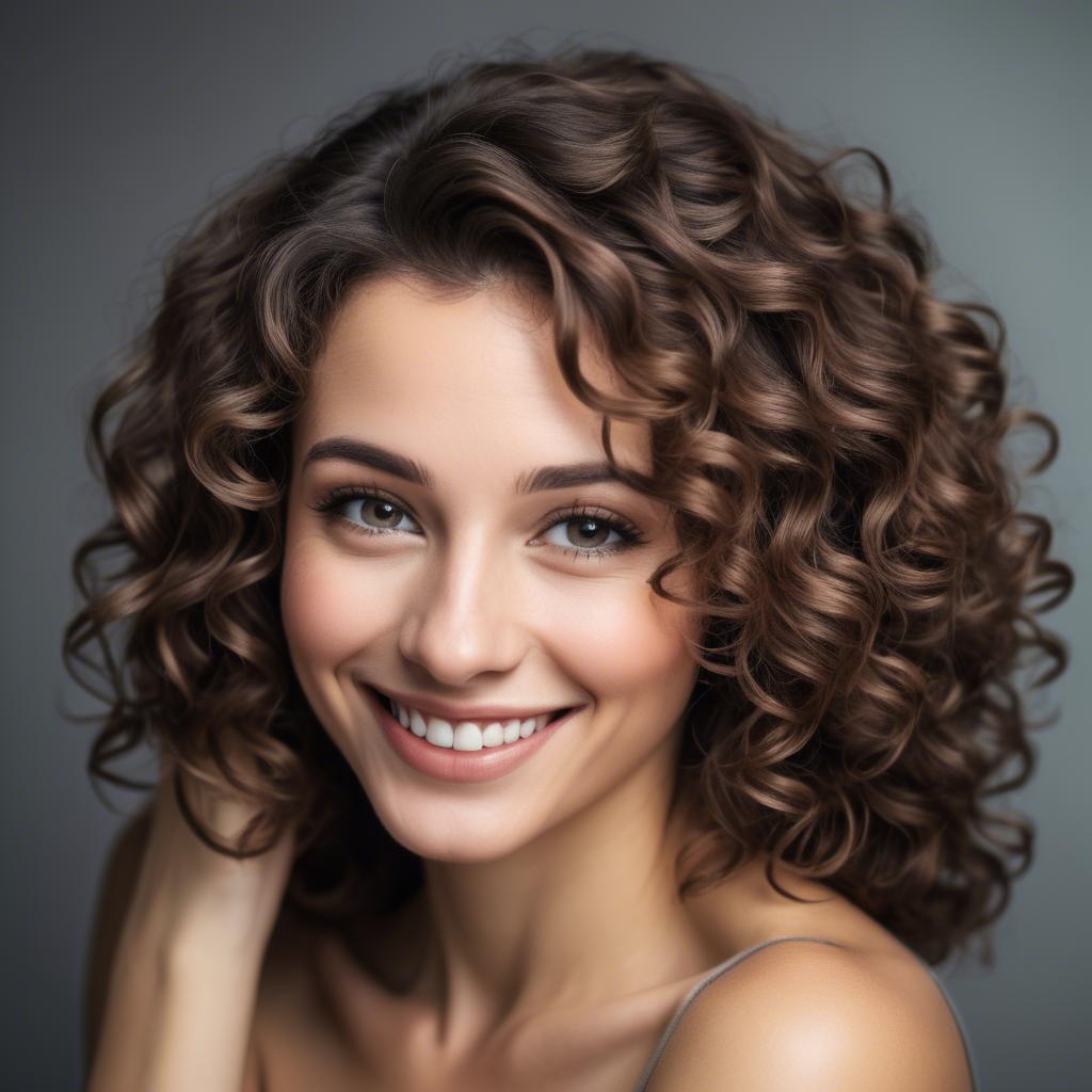 A stunning image of beautiful woman with soft curls and a shy smile.