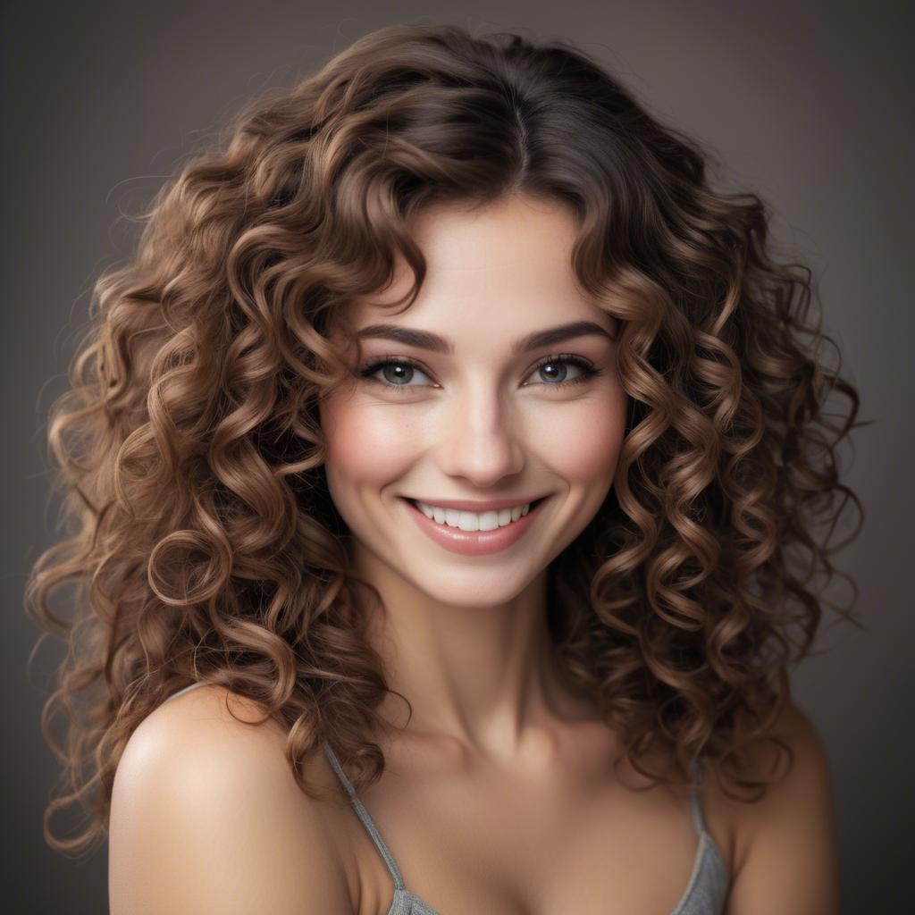 A stunning image of beautiful woman with soft curls and a shy smile.