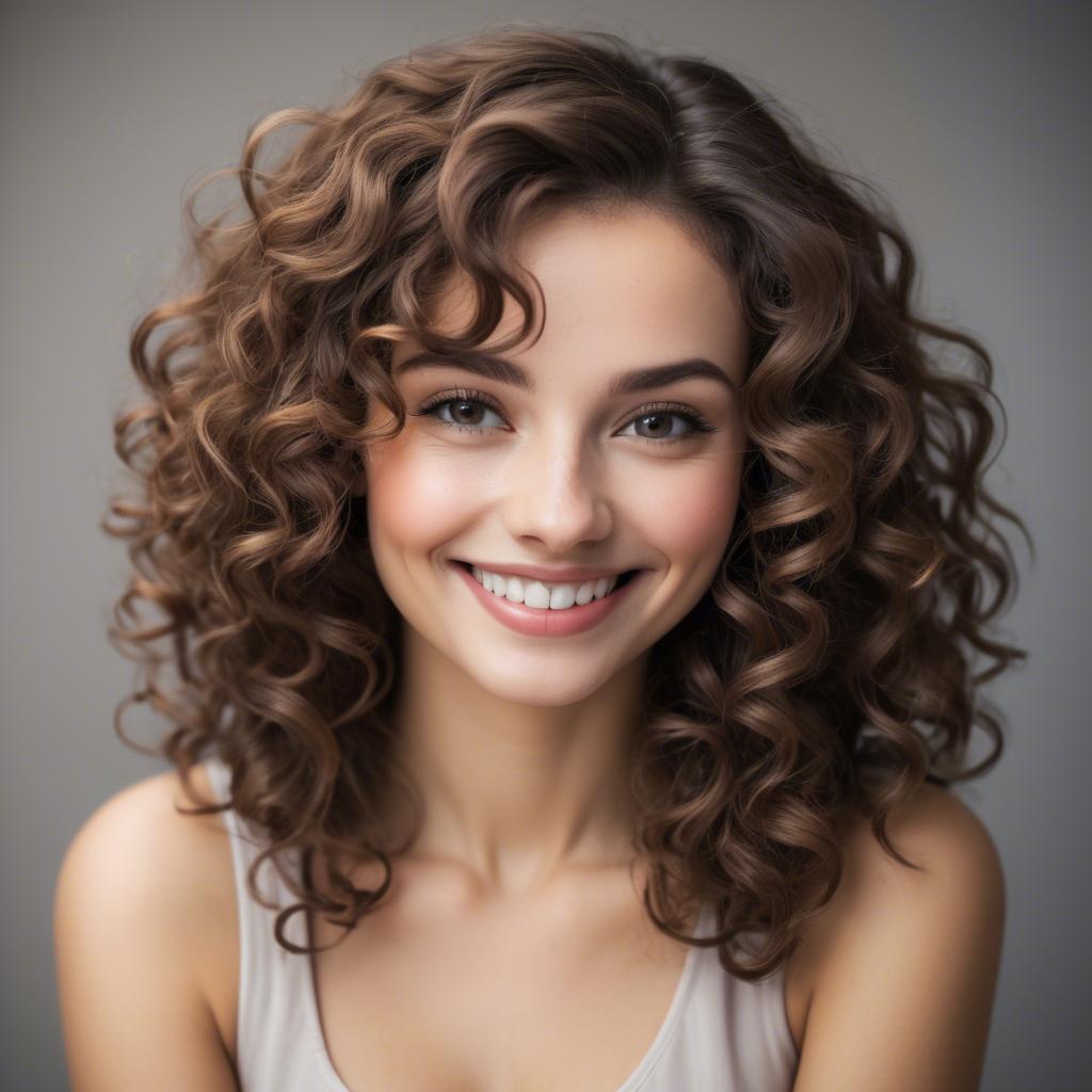 A stunning image of beautiful woman with soft curls and a shy smile.