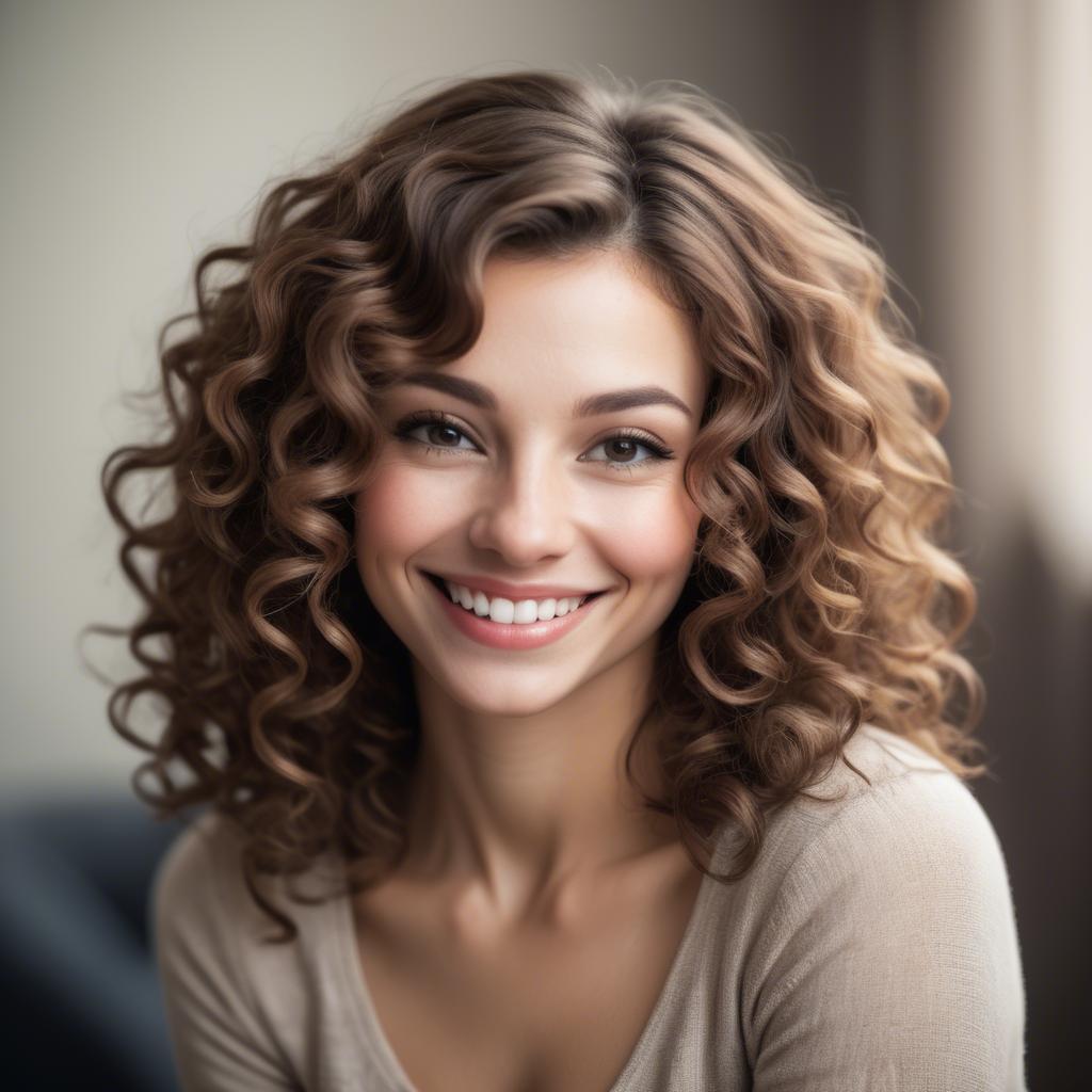 A stunning image of beautiful woman with soft curls and a shy smile.