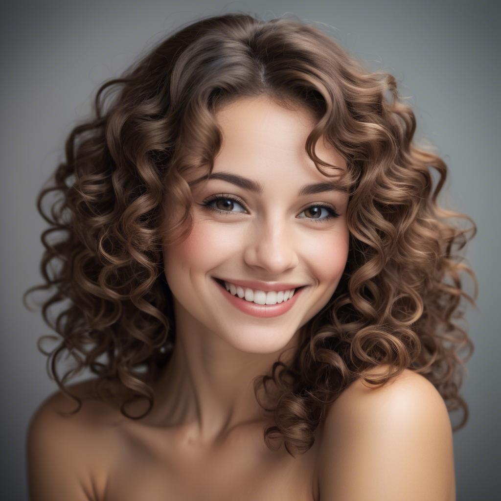 A stunning image of beautiful woman with soft curls and a shy smile.