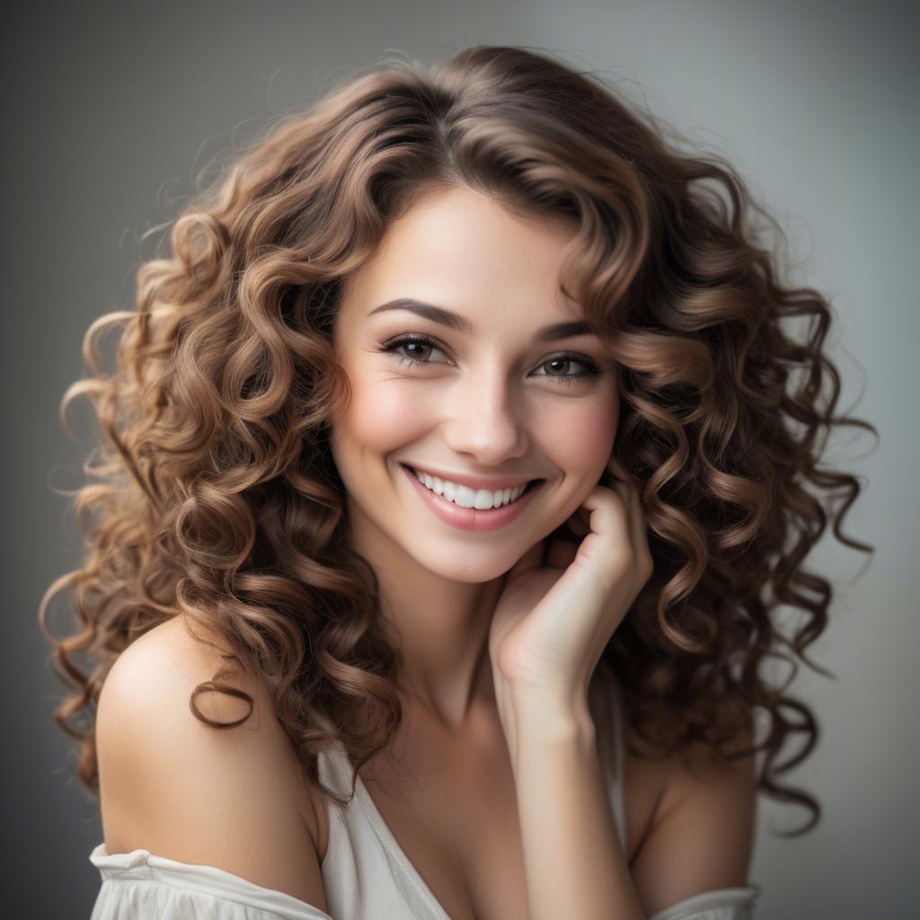 A stunning image of beautiful woman with soft curls and a shy smile.