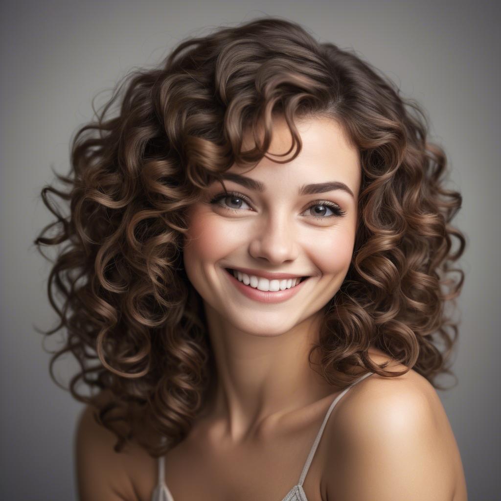 A stunning image of beautiful woman with soft curls and a shy smile.