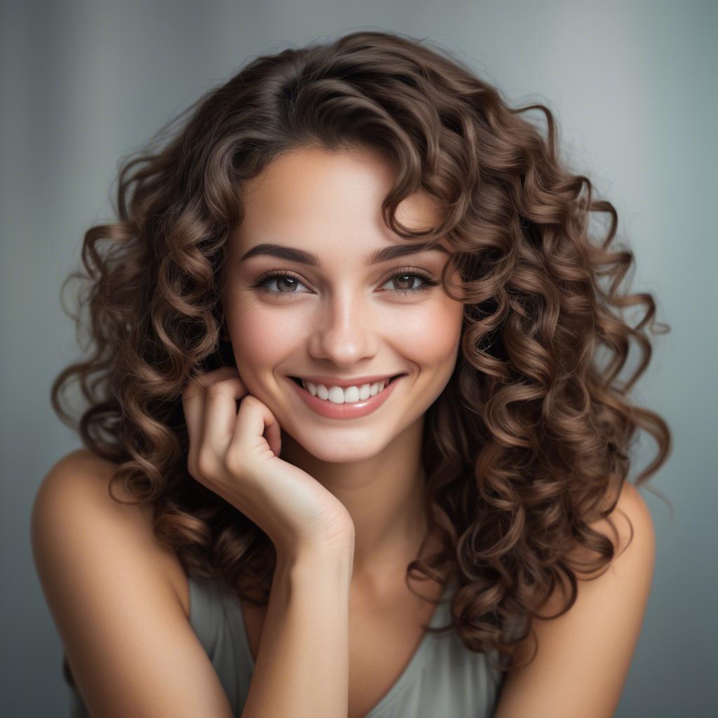 A stunning image of beautiful woman with soft curls and a shy smile.