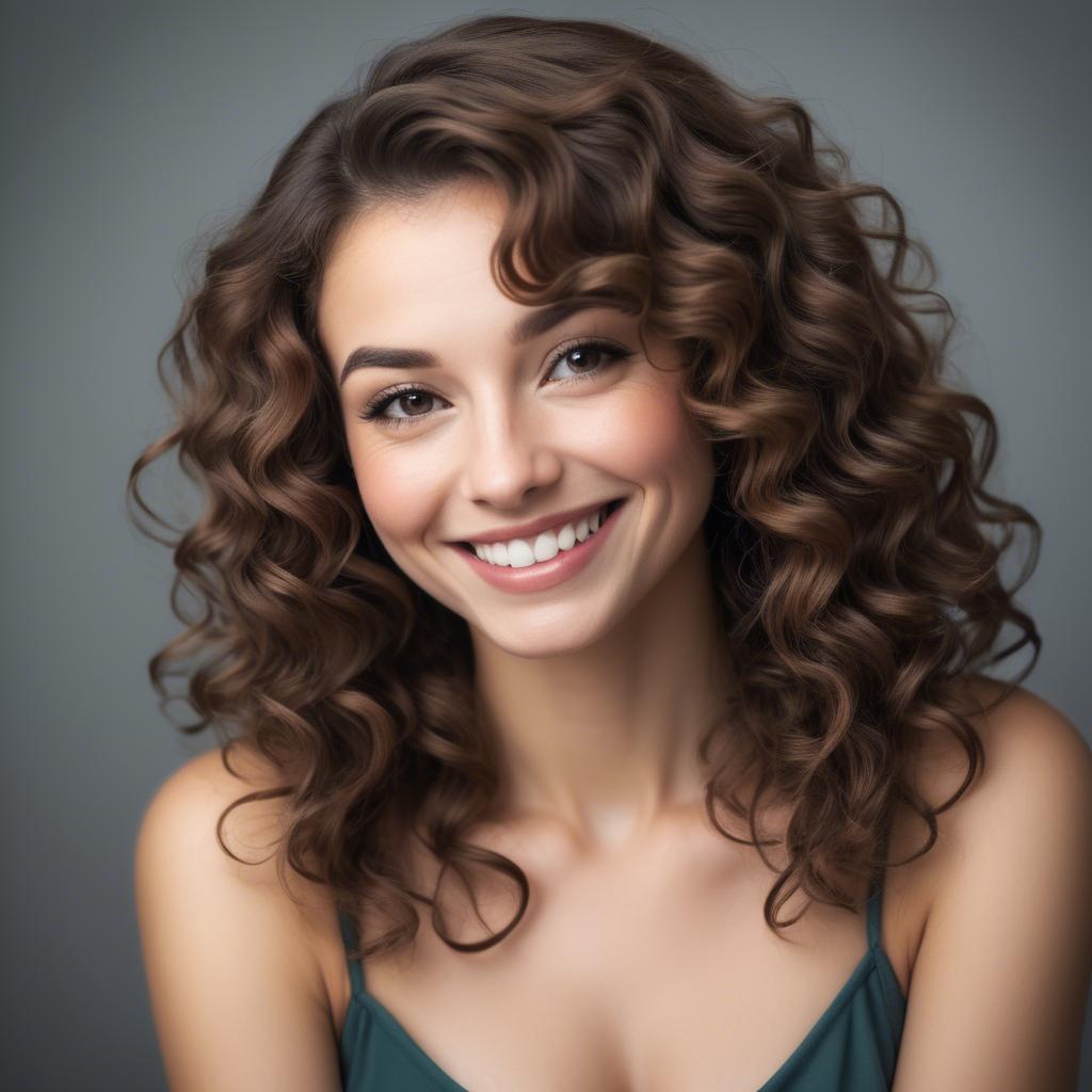A stunning image of beautiful woman with soft curls and a shy smile.