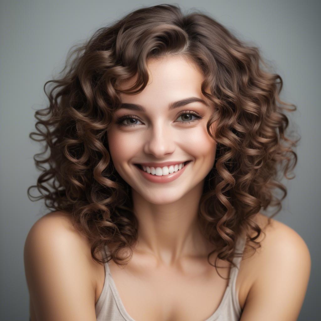 A stunning image of beautiful woman with soft curls and a shy smile.