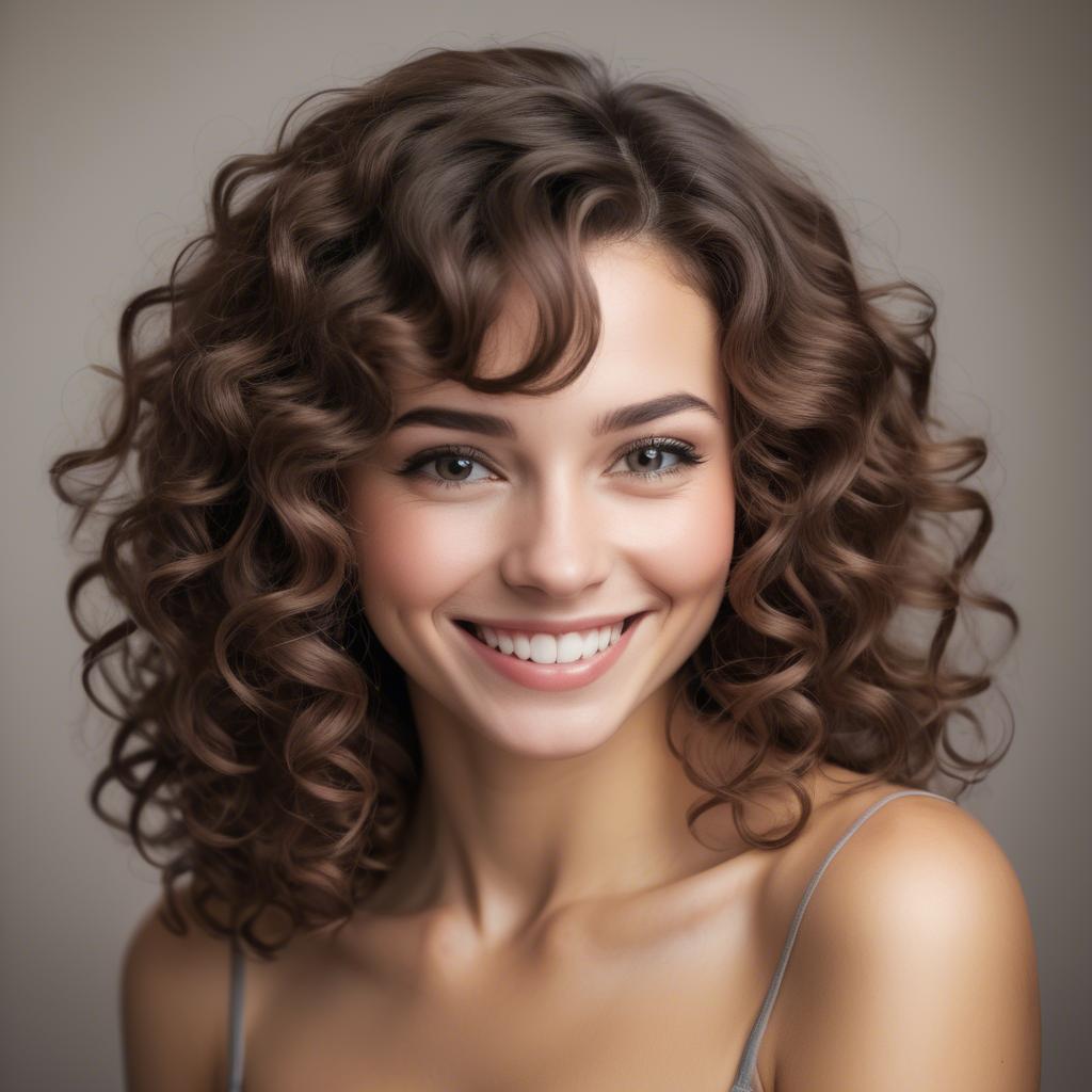 A stunning image of beautiful woman with soft curls and a shy smile.