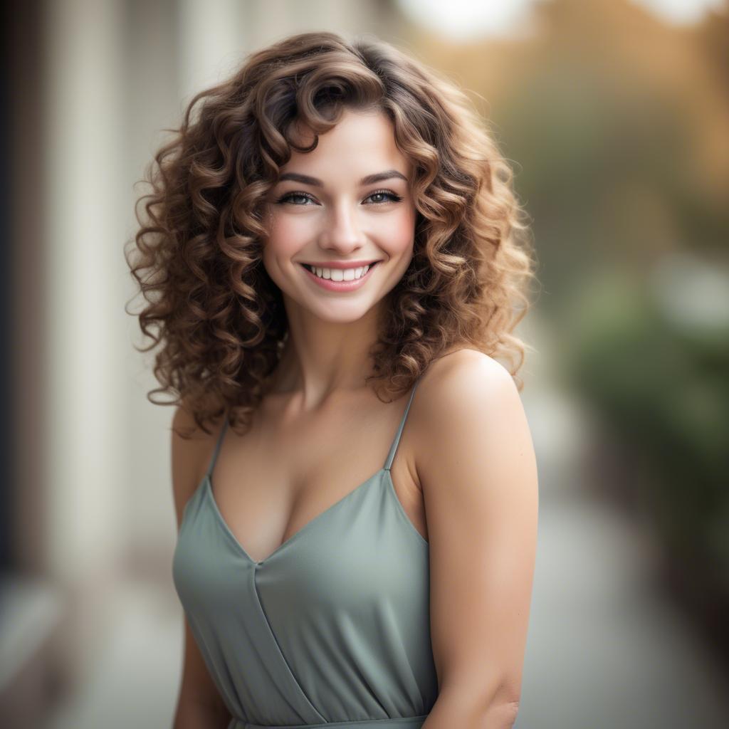 A stunning image of beautiful woman with soft curls and a shy smile.