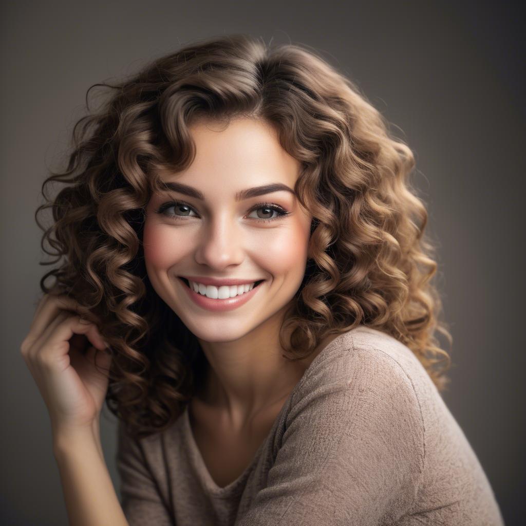 A stunning image of beautiful woman with soft curls and a shy smile.