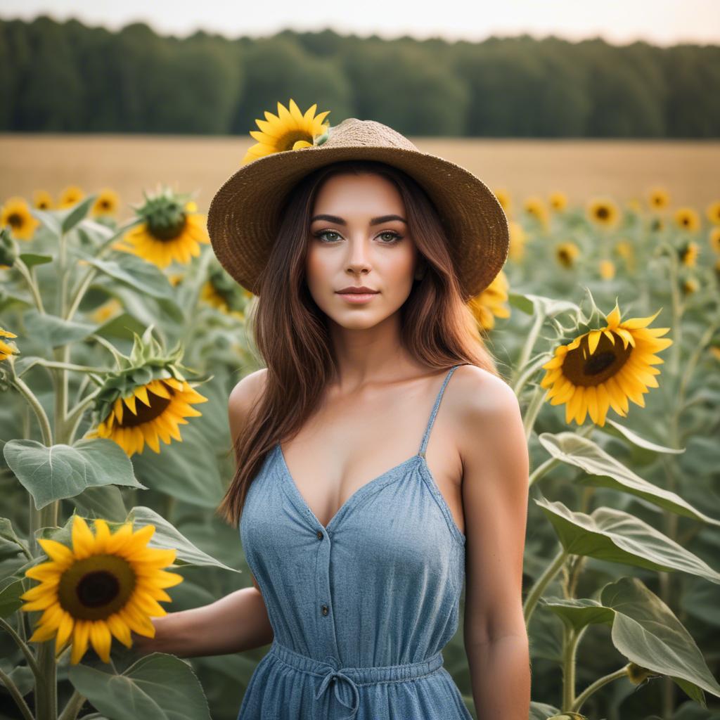 A stunning image of beautiful woman with sunflowers in a rural field.
