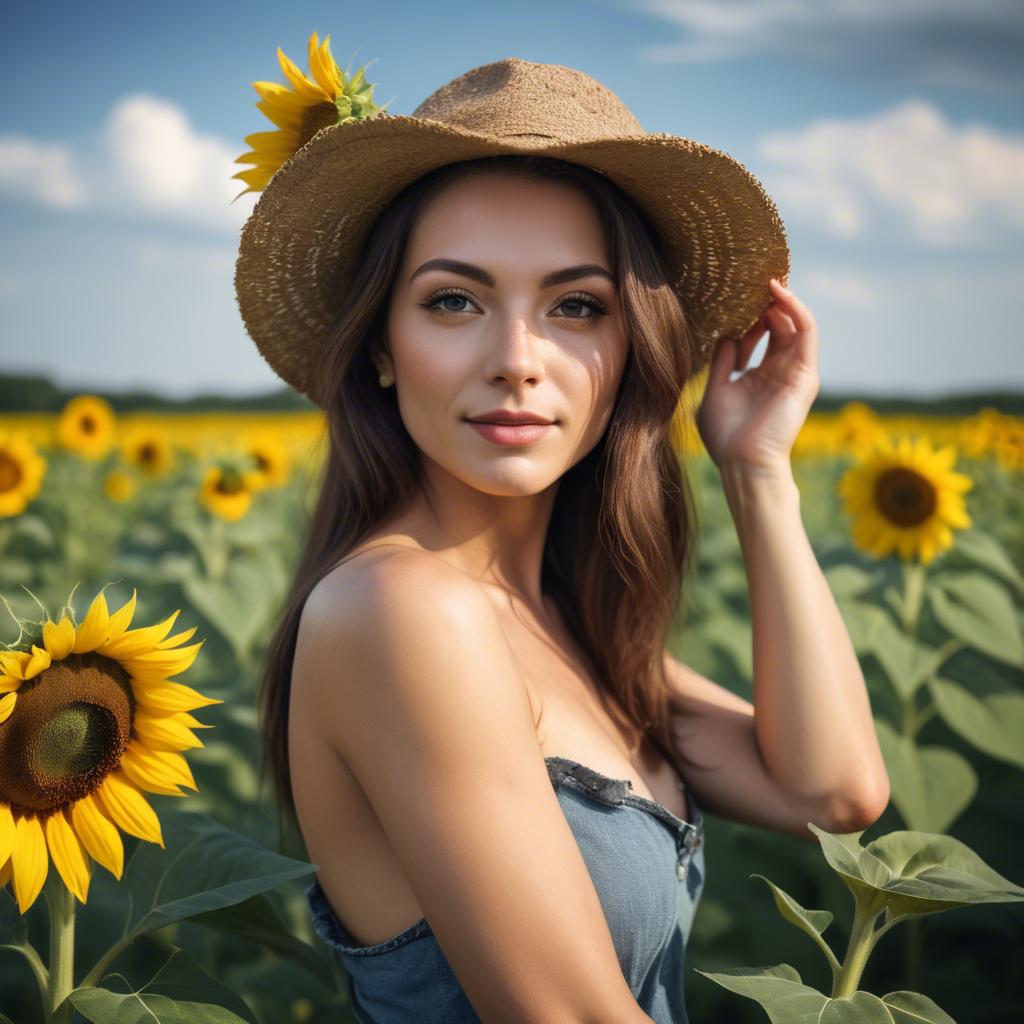A stunning image of beautiful woman with sunflowers in a rural field.