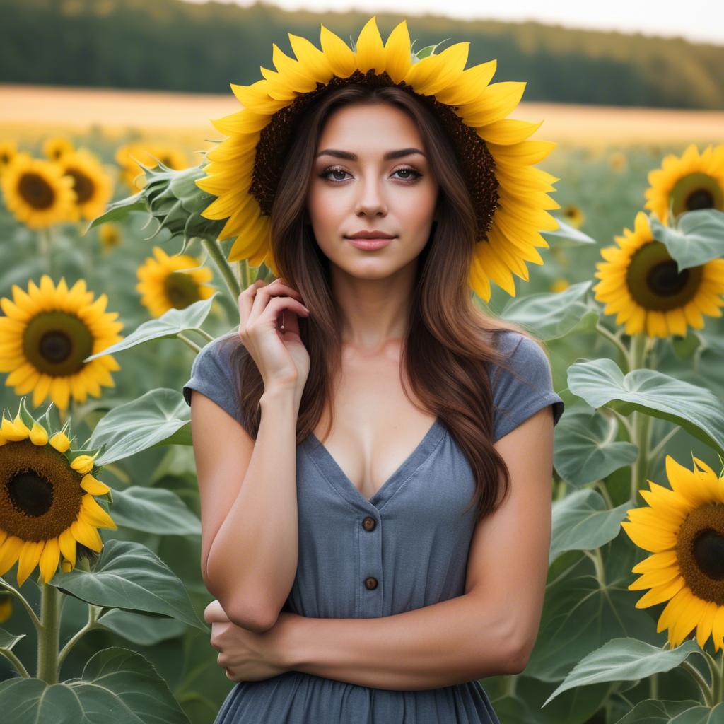 A stunning image of beautiful woman with sunflowers in a rural field.