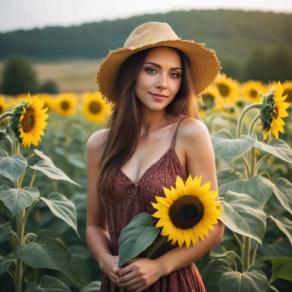 A stunning image of beautiful woman with sunflowers in a rural field.