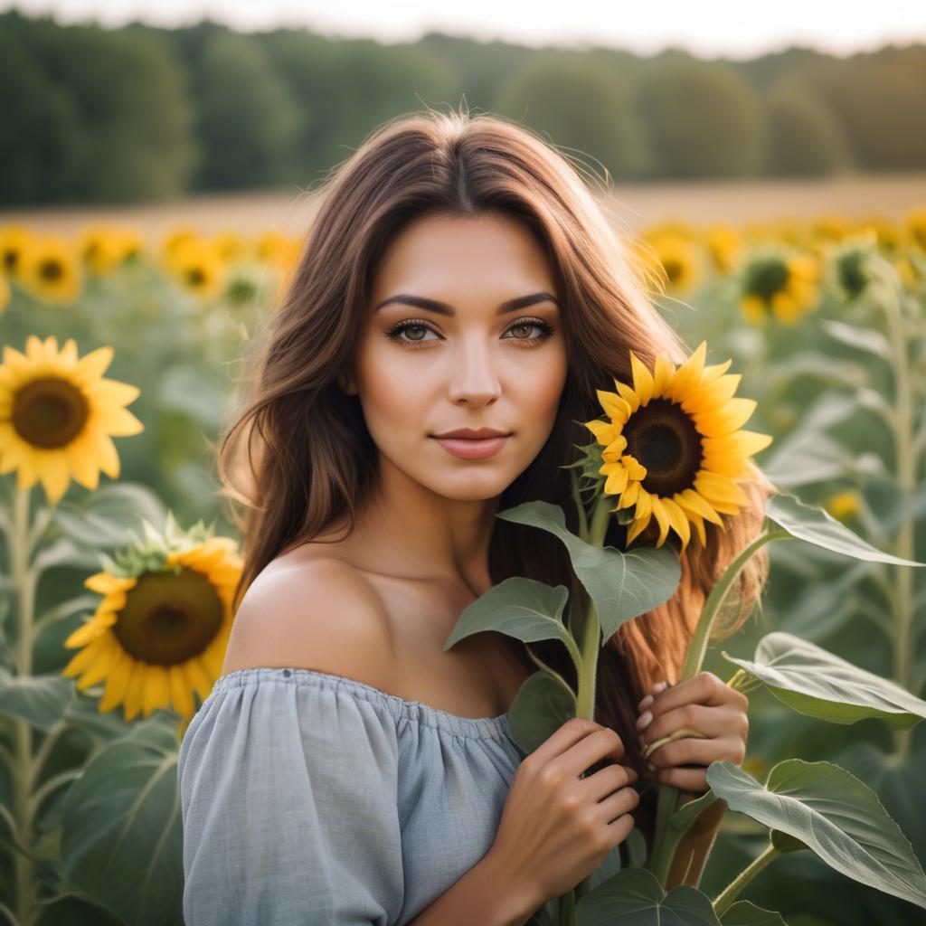 A stunning image of beautiful woman with sunflowers in a rural field.