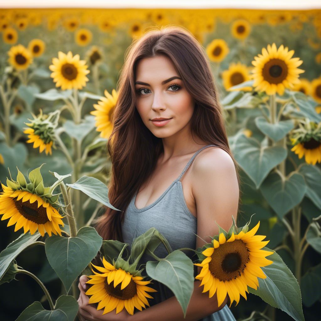 A stunning image of beautiful woman with sunflowers in a rural field.