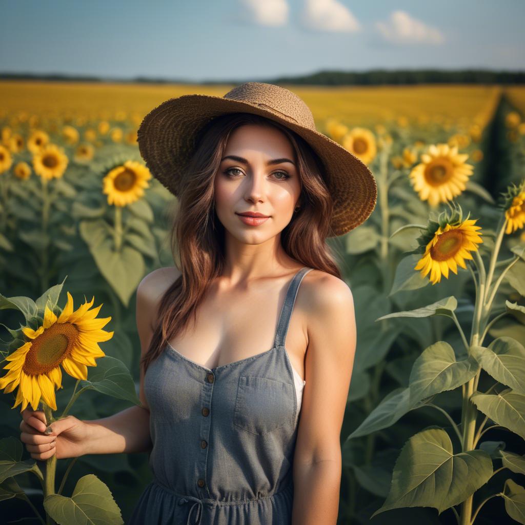 A stunning image of beautiful woman with sunflowers in a rural field.