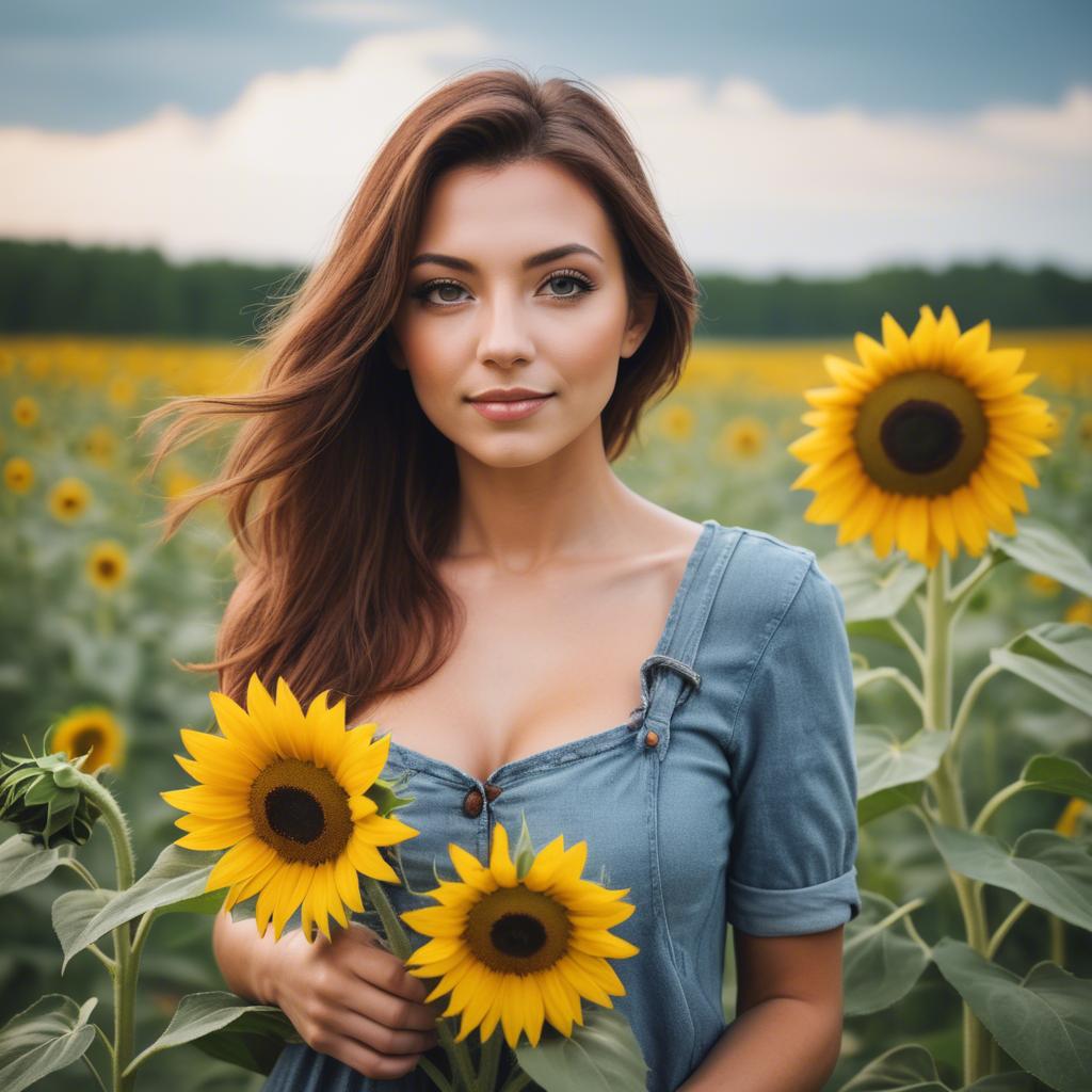 A stunning image of beautiful woman with sunflowers in a rural field.