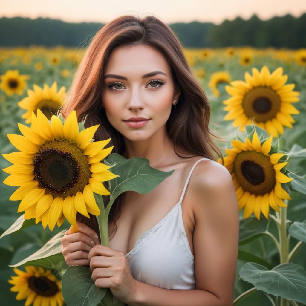 A stunning image of beautiful woman with sunflowers in a rural field.