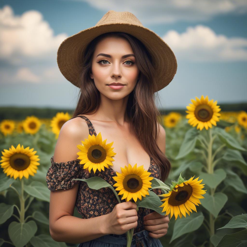 A stunning image of beautiful woman with sunflowers in a rural field.